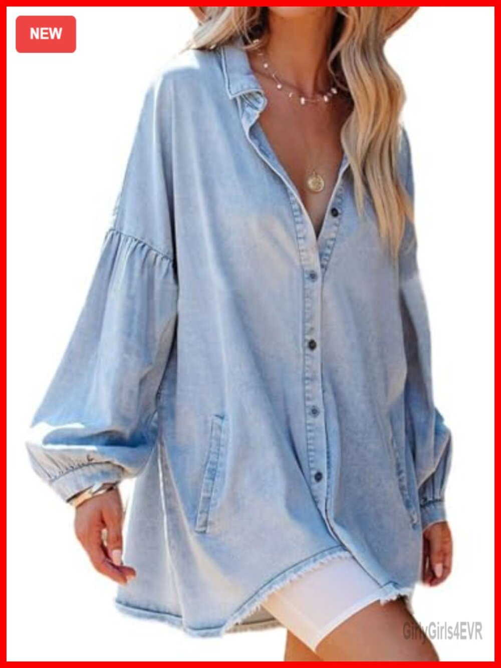Oversized Distressed Denim Button Down Shirt Tunic Mini Dress with Pockets